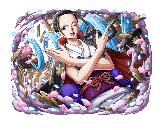 1girl black_hair blue_eyes cherry_blossoms japanese_clothes nico_robin official_art one_eye_closed one_piece one_piece_treasure_cruise open_mouth petals solo solo_focus teeth
