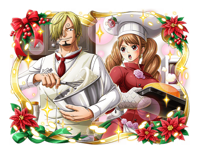 1boy 1girl blonde_hair bow brown_eyes brown_hair charlotte_pudding chef_hat cigarette cooking flower formal hair_over_one_eye hat long_hair necktie official_art one_piece one_piece_treasure_cruise open_mouth oven_mitts red_bow red_necktie sanji_(one_piece) short_hair smoking suit