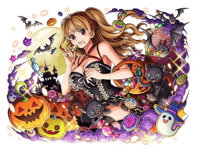 1girl bat_(animal) black_cat brown_eyes brown_hair candy cat charlotte_pudding food full_moon halloween jack-o'-lantern long_hair moon night official_art one_piece one_piece_treasure_cruise twintails