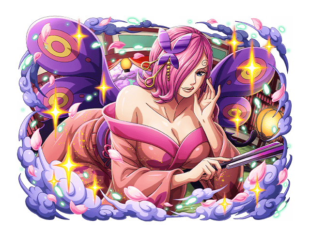 1girl blue_eyes breasts butterfly_hair_ornament cleavage hair_ornament hair_over_one_eye japanese_clothes licking_lips non-web_source official_art one_piece one_piece_treasure_cruise pink_hair short_hair tongue tongue_out vinsmoke_reiju