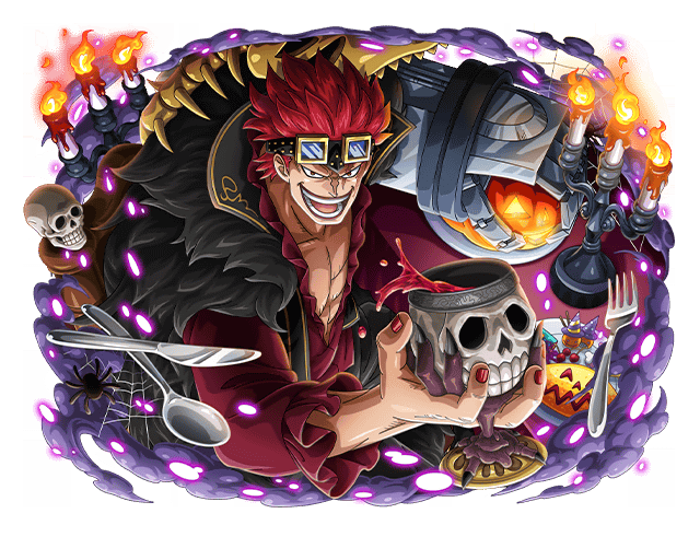1boy candle chalice eustass_captain_kid fork goggles goggles_on_head halloween knife male_focus official_art one_piece one_piece_treasure_cruise open_mouth red_hair short_hair skull solo spoon teeth