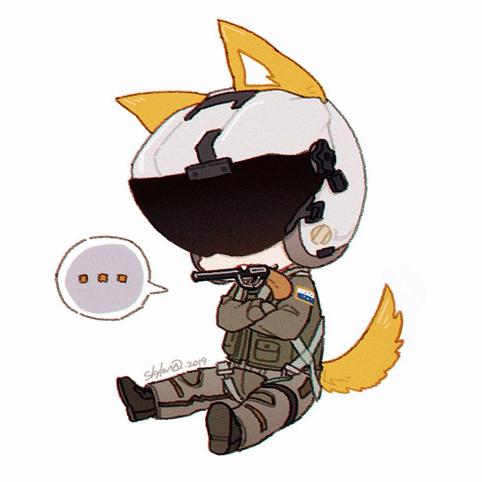 2019 ace_combat ace_combat_7 admiral_agito anthro armor boots bottomwear canid canine canis chibi clothing crossed_arms ellipsis flight_helmet flight_suit footwear fur gun gun_in_mouth handgun headgear helmet male mammal object_in_mouth pants pockets ranged_weapon revolver simple_background sitting solo speech_bubble teeth trigger weapon white_background white_inner_ear yellow_body yellow_fur