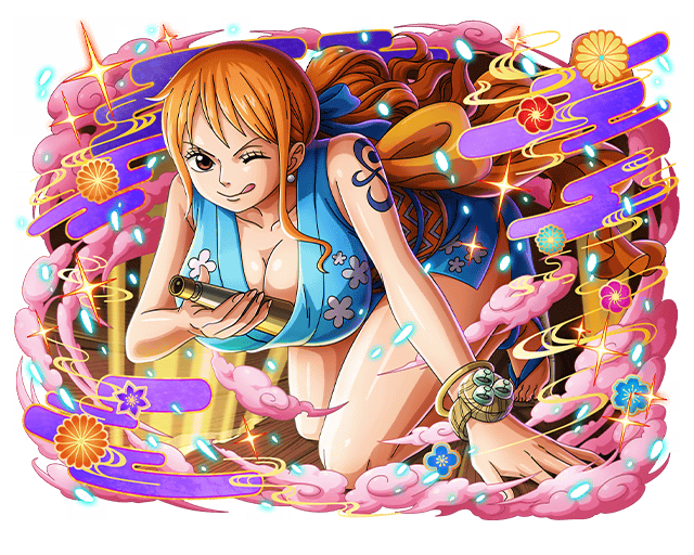 1girl armlet bracelet breasts cleavage japanese_clothes jewelry long_hair nami_(one_piece) official_art one_eye_closed one_piece one_piece_treasure_cruise orange_hair shoulder_tattoo tattoo tongue tongue_out