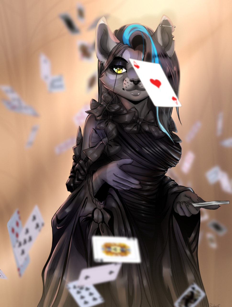 2020 5_fingers anthro bambolbi black_clothing black_dress black_hair black_nose blue_hair card clothing digital_media_(artwork) dress ear_piercing eyelashes felid female fingers fur grey_body grey_fur hair hi_res industrial_piercing mammal notched_ear piercing playing_card shaded solo whiskers yellow_eyes