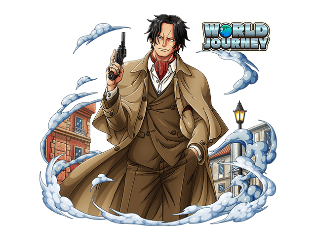 1boy ascot black_hair brown_pants building english_text gun hand_in_pocket handgun holding holding_gun holding_weapon lamppost male_focus medium_hair one_piece one_piece_treasure_cruise pants portgas_d._ace red_ascot weapon