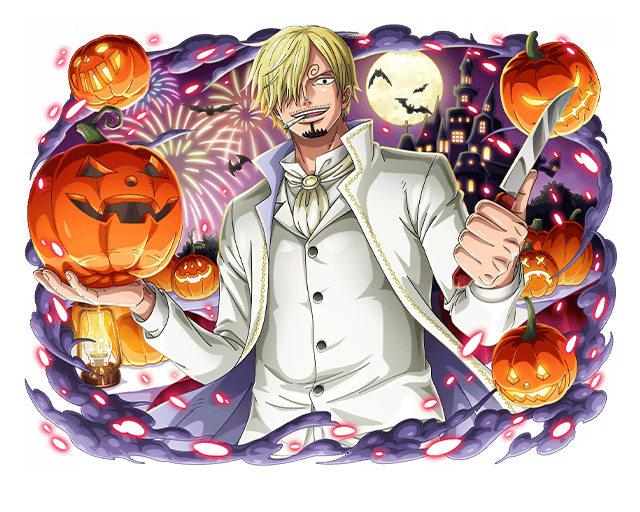 ascot blonde_hair cigarette fireworks formal full_moon hair_over_one_eye halloween holding holding_knife jack-o'-lantern knife male_focus moon night night_sky one_piece one_piece_treasure_cruise open_mouth sanji_(one_piece) sky smoking suit teeth white_ascot white_suit