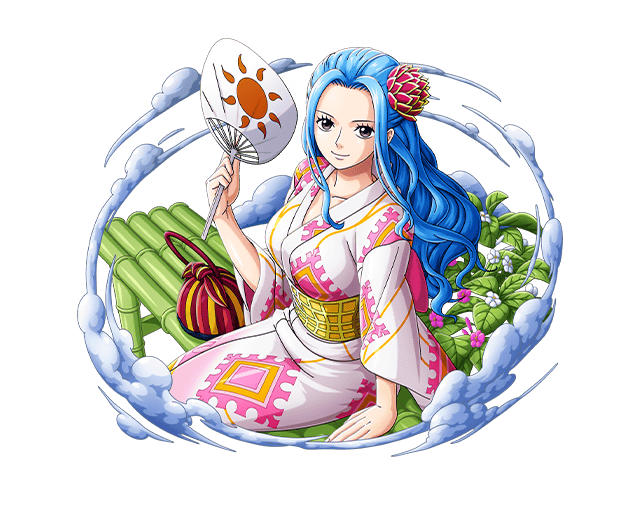 1girl bamboo blue_hair flower hair_ornament japanese_clothes long_hair looking_at_viewer nefertari_vivi non-web_source official_art one_piece one_piece_treasure_cruise pink_flower sitting solo white_flower