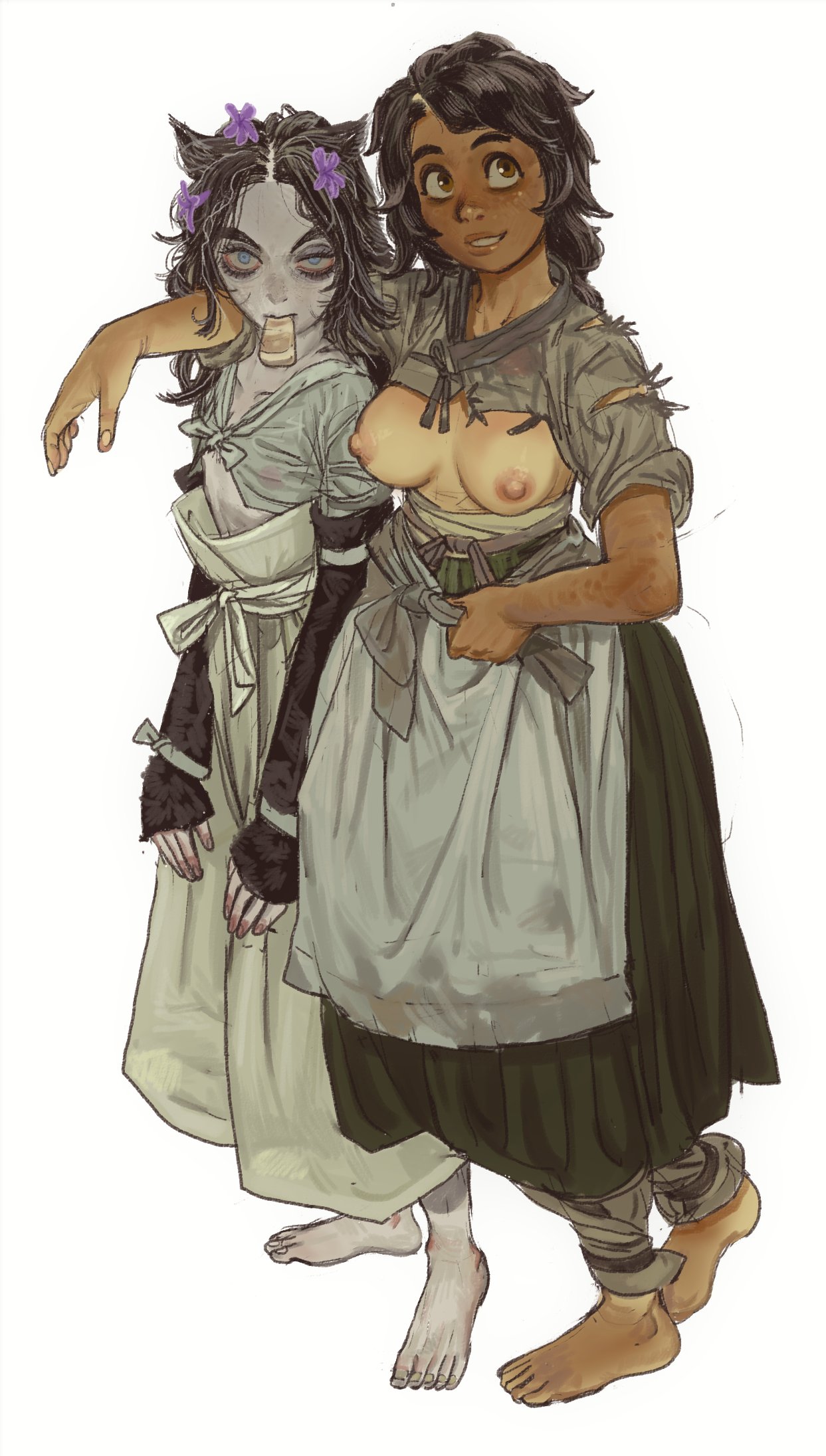 2girls animal_ears arm_around_neck barefoot black_hair blue_eyes body_freckles breasts breasts_out brown_eyes colored_skin flower freckles green_skirt grey_skin hair_flower hair_ornament highres long_hair looking_at_viewer medium_breasts mossacannibalis mouth_hold multiple_girls nipples purple_flower sanpaku shirt shrug_(clothing) simple_background skirt smile tan tied_shirt torn_clothes torn_shirt uneven_eyes walking white_background