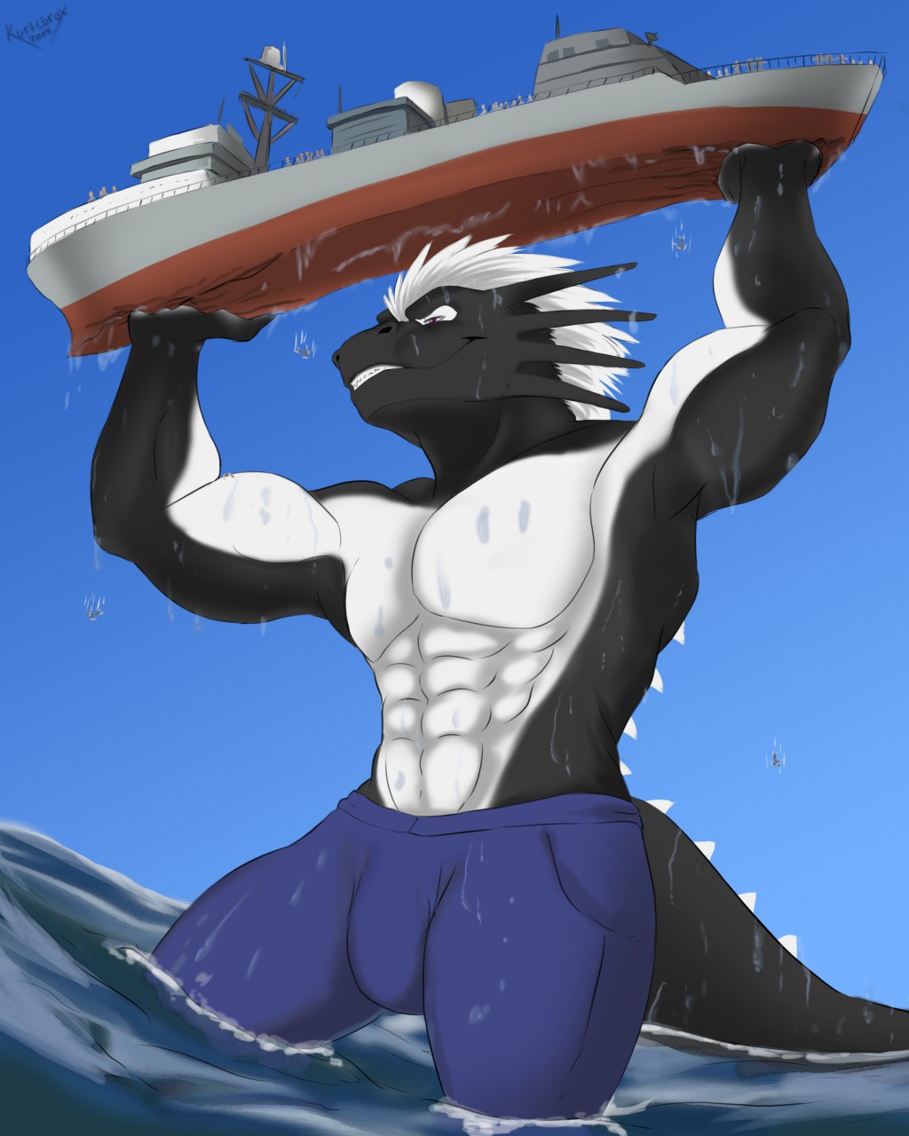 aircraft aircraft_carrier airplane anthro black_body black_scales bulge clothed clothing countershade_torso countershading destruction dragon hair hi_res kurtcbrox larger_dragon macro male muscular muscular_anthro muscular_male outside purple_eyes scales scalie sea sig_(me-havoc) simple_background smile solo topless topless_male vehicle water watercraft western_dragon white_hair white_soles