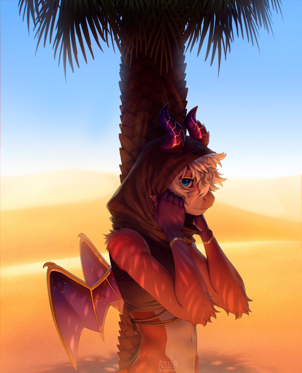 2020 anthro azuza blue_eyes brown_clothing brown_topwear clothed clothing dated dessert dragon female food fur furred_dragon glistening glistening_eyes hair half-length_portrait hi_res horn membrane_(anatomy) membranous_wings messy_hair mouth_closed navel orange_body orange_fur outside portrait purple_horn purple_wings ridged_horn short_hair signature solo standing three-quarter_view topwear white_hair wings