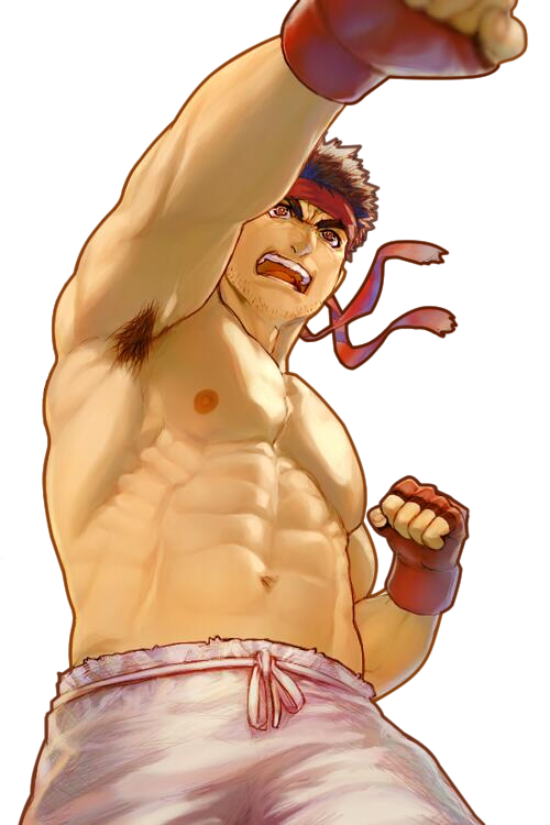 1boy abs armpit_hair armpits bad_id bad_twitter_id bara boxing_gloves brown_hair facial_hair fingerless_gloves foreshortening from_below frown gloves large_pectorals male_focus mature_male muscular muscular_male navel nipples obliques pants pectorals perspective ryu_(street_fighter) short_hair sideburns solo stomach stubble thick_eyebrows topless_male training usada_(usaddd) white_pants