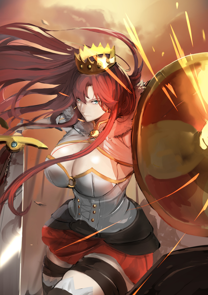 1girl blue_eyes boudica_(fate) breasts cleavage cleavage_cutout clothing_cutout corset crown fate/grand_order fate_(series) fighting_stance jikihatiman large_breasts long_hair looking_at_viewer red_hair red_skirt serious shield skirt solo sword thighs weapon white_corset zettai_ryouiki