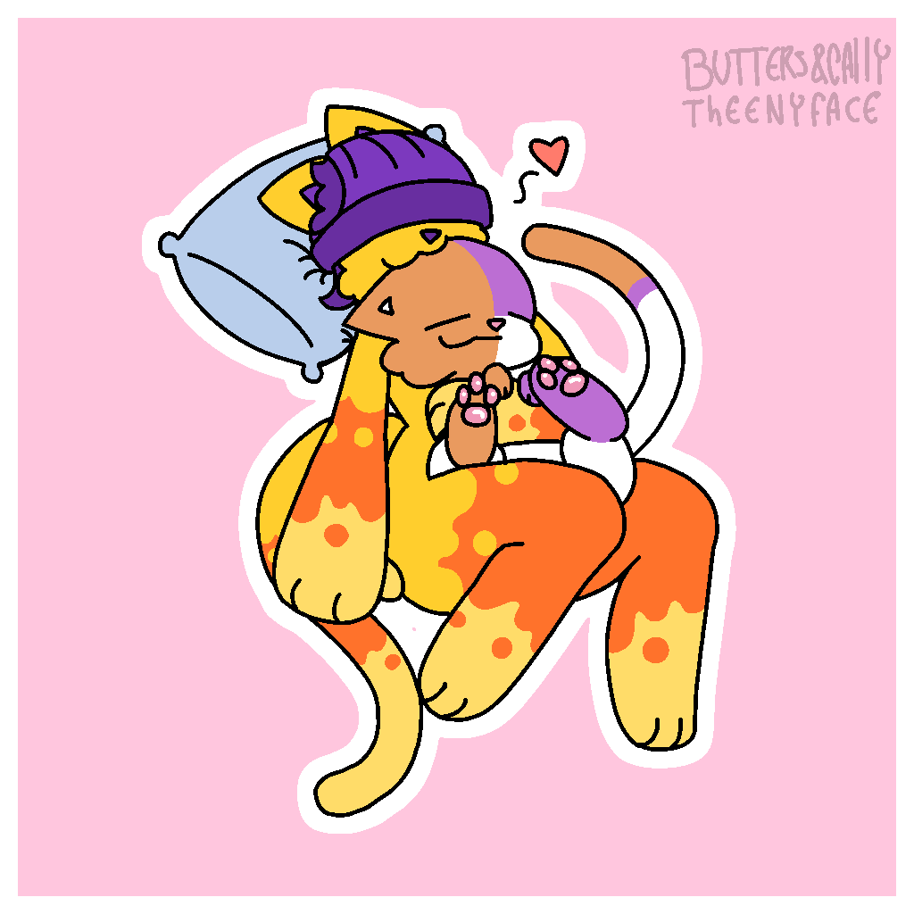 &lt;3 butters_(theenyface) cally_(theenyface) cuddling female fur male male/female orange_body orange_fur pawpads pillow purple_body purple_fur sleeping theenyface white_body white_fur yellow_body yellow_fur