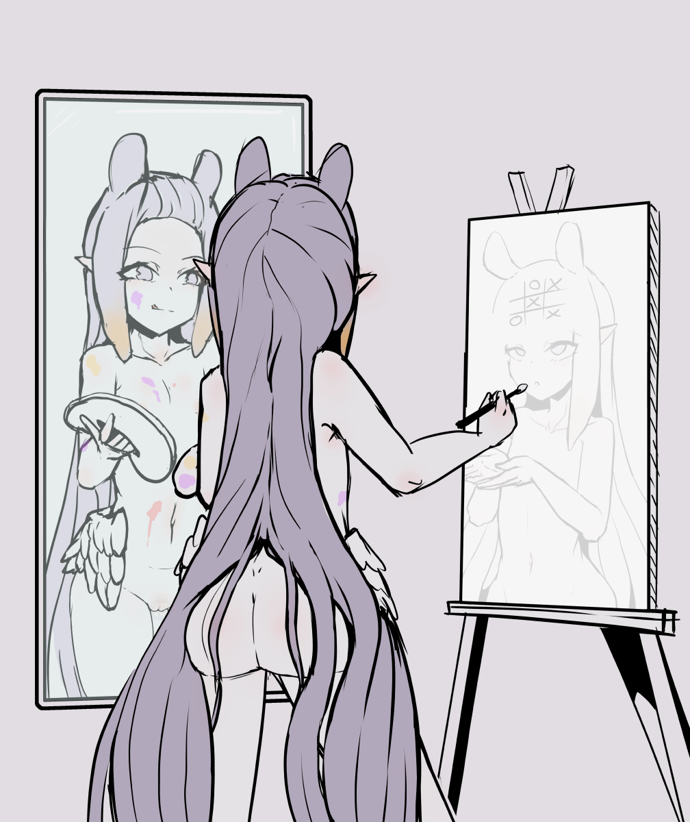 1girl ass ass_focus bodypaint breasts cleavage drawing feathered_wings gradient_hair highres hololive hololive_english long_hair mirror moral_cacoethes multicolored_hair naked_paint ninomae_ina'nis nude paint_splatter paint_splatter_on_face painting_(object) pointy_ears purple_hair small_breasts tentacle_hair tic-tac-toe very_long_hair virtual_youtuber white_wings wings