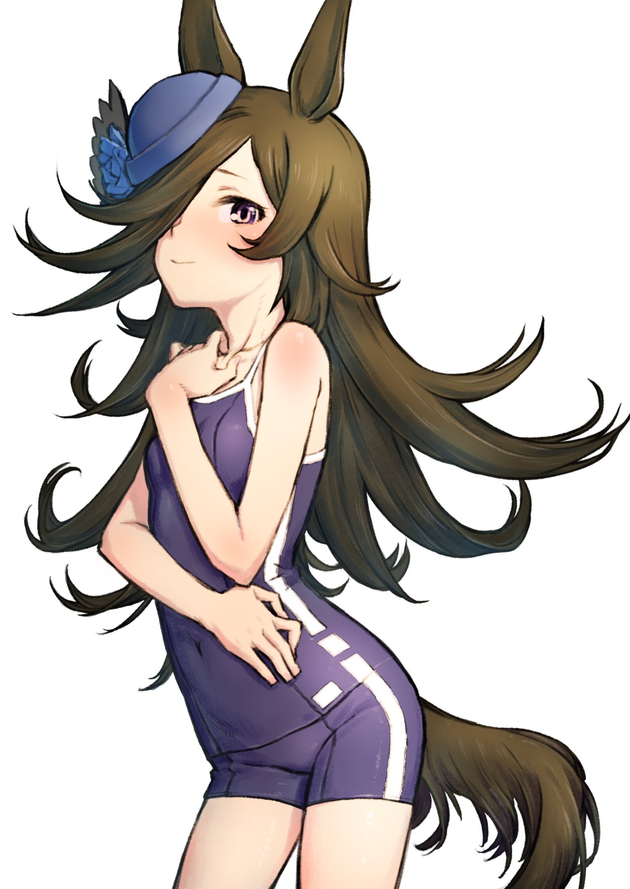 1girl animal_ears blue_flower blue_headwear blue_rose blush breasts brown_hair commentary_request flower hair_over_one_eye hat hat_flower highres horse_ears horse_girl horse_tail long_hair looking_at_viewer nametake nose_blush one-piece_swimsuit purple_eyes rice_shower_(umamusume) rose simple_background small_breasts solo swimsuit tail tilted_headwear tracen_swimsuit umamusume very_long_hair white_background