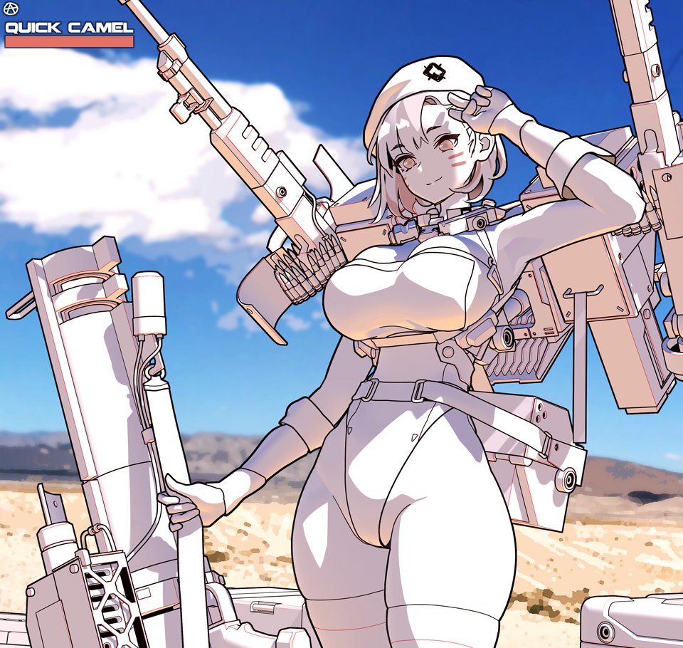 1girl armpits bangs beret blue_sky breasts bullet circle_a closed_mouth cloud cloudy_sky colored_skin desert facepaint gloves gun hat highleg highleg_leotard holding holding_gun holding_weapon large_breasts last_origin leotard machine_gun military military_hat military_uniform outdoors pink_eyes quick_camel rocket_launcher salute short_hair sky smile solo thighhighs two-finger_salute uniform weapon white_gloves white_hair white_leotard white_skin white_thighhighs zettai_ryouiki