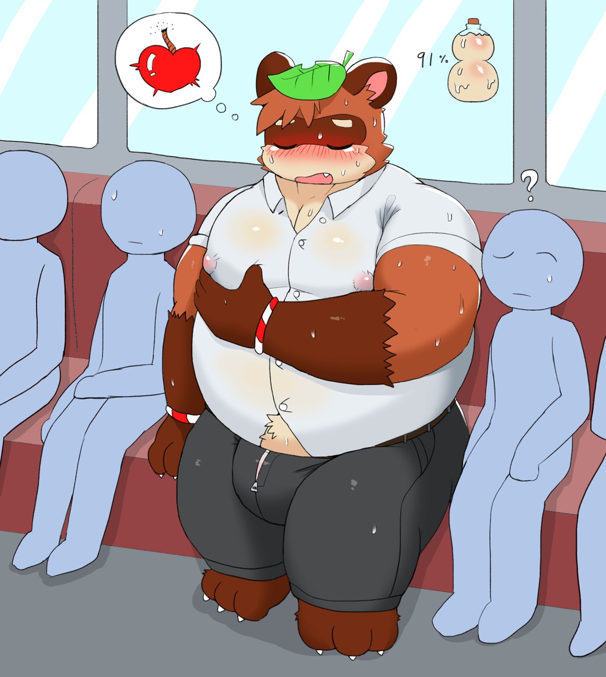 anthro belly big_belly black_bottomwear black_clothing black_pants blush bodily_fluids bottomwear bulge canid canine clothed clothing fur hand_on_pec headgear headwear hi_res human humanoid kemono leaf male mammal nipples pants public_train public_transportation raccoon_dog sdscrib shirt solo sweat sweatdrop sweaty_clothing tanuki topwear white_clothing white_shirt white_topwear