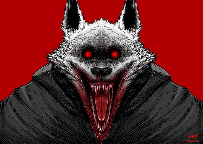 anthro black_cloak black_clothing black_nose blood blood_in_mouth bodily_fluids canid canine canis claws clothing creepy death_(puss_in_boots) ear_tuft facial_tuft fangs fur glowing glowing_eyes hanzkilla looking_at_viewer male mammal nightmare_fuel open_mouth red_background red_eyes sharp_claws simple_background smile solo teeth tongue tuft white_body white_fur wolf