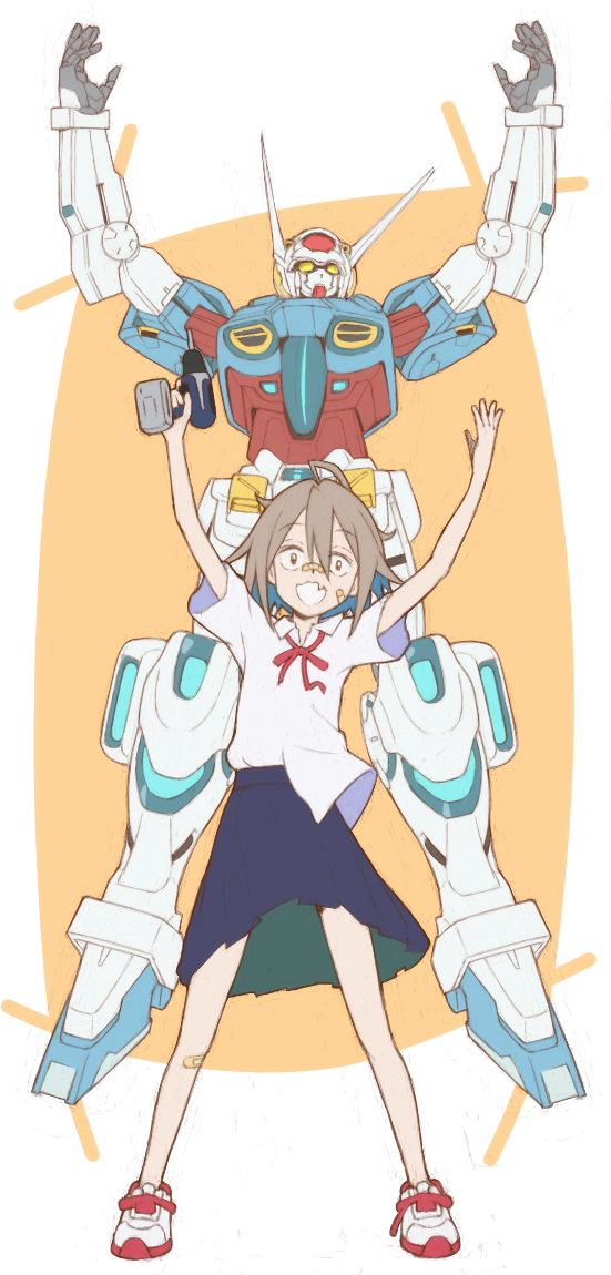 1girl :d ahoge arms_up bandaid bandaid_on_cheek bandaid_on_face bandaid_on_knee bandaid_on_leg bandaid_on_nose blue_skirt commentary crossover do_it_yourself!! dress_shirt drill fang full_body g-self grey_hair gundam gundam_g_no_reconguista holding horns kayabakoro looking_at_viewer mecha medium_skirt mobile_suit neck_ribbon no_socks open_mouth pleated_skirt red_ribbon ribbon robot shirt shoes short_hair short_sleeves skin_fang skirt smile sneakers solo standing untucked_shirt white_footwear white_shirt wing_collar yua_serufu
