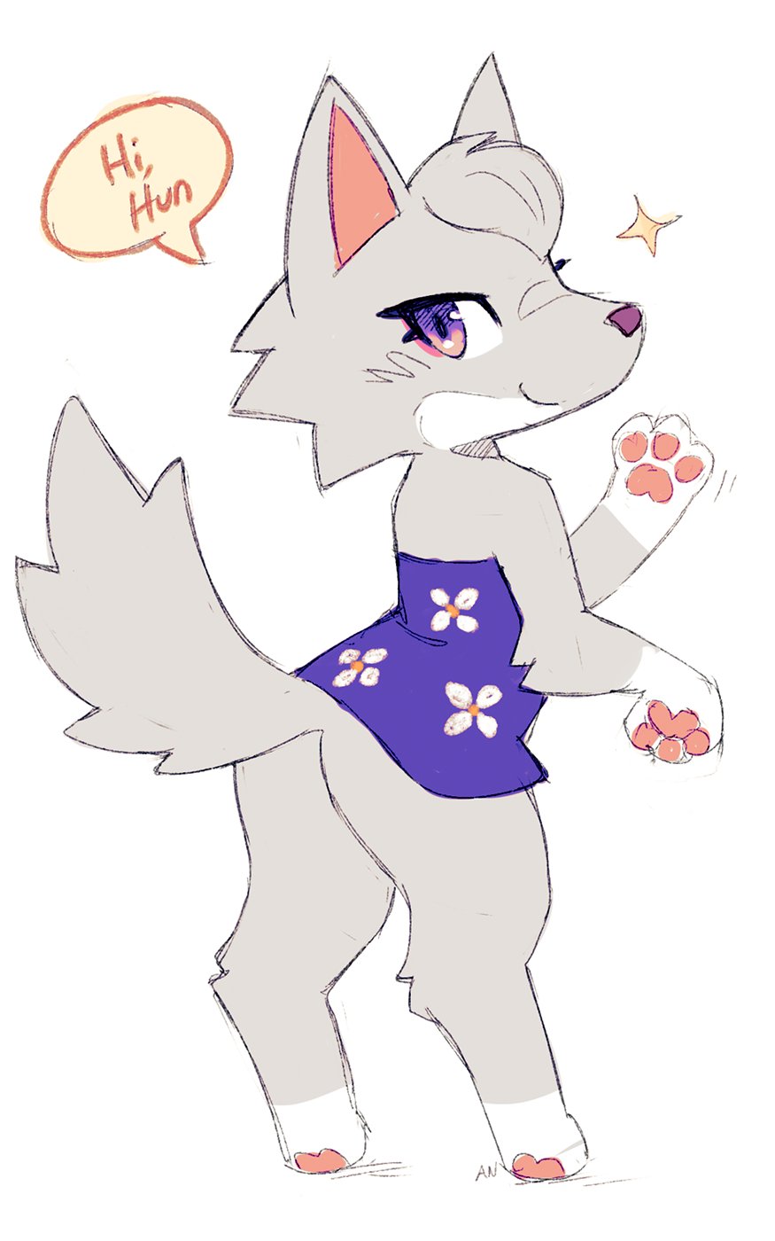 ancesra animal_crossing anthro butt canid canine canis digitigrade female gesture hi_res looking_at_viewer mammal nintendo paws raised_tail smile solo speech_bubble tail waving waving_at_viewer whitney_(animal_crossing) wolf