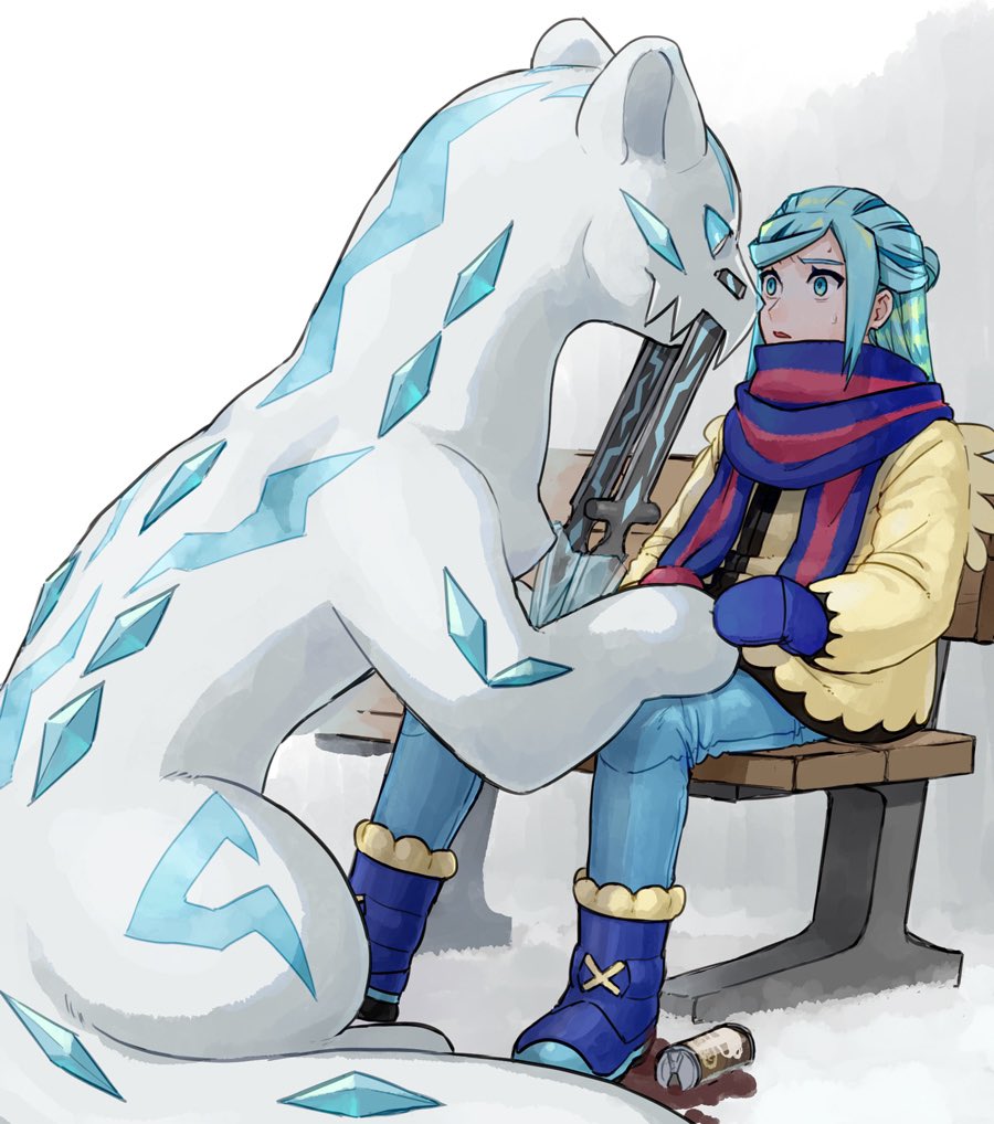 1boy bench blue_footwear blue_mittens blue_scarf boots chien-pao commentary_request eye_contact eyelashes green_eyes green_hair grusha_(pokemon) jacket long_hair long_sleeves looking_at_another male_focus pants pokemon pokemon_(creature) pokemon_(game) pokemon_sv scarf sitting snow striped striped_scarf sweat white_background yellow_jacket yuu_(hguy_sv)