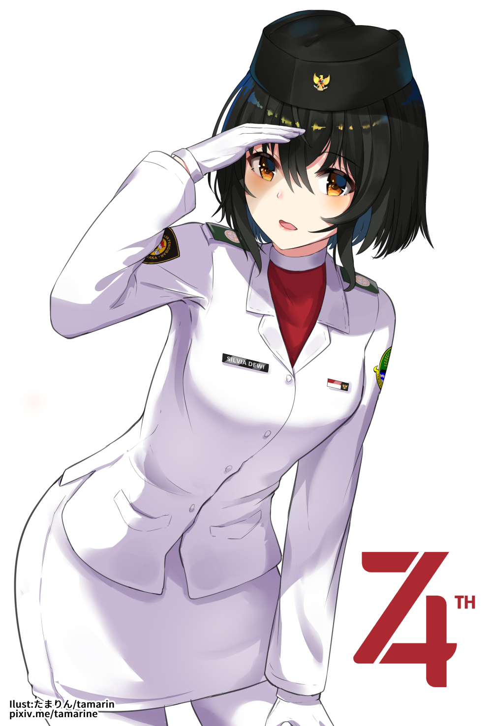 artist_name bangs bent_over black_hair black_headwear blazer bob_cut brown_eyes character_name commentary cowboy_shot gloves hair_between_eyes hand_on_own_thigh hat highres indonesia indonesian_clothes indonesian_flag jacket linzere long_sleeves looking_at_viewer military military_uniform name_tag original pantyhose patch pencil_skirt shadow short_hair shoulder_patches silvia_dewi skirt songkok standing uniform watermark white_gloves white_jacket white_pantyhose white_skirt