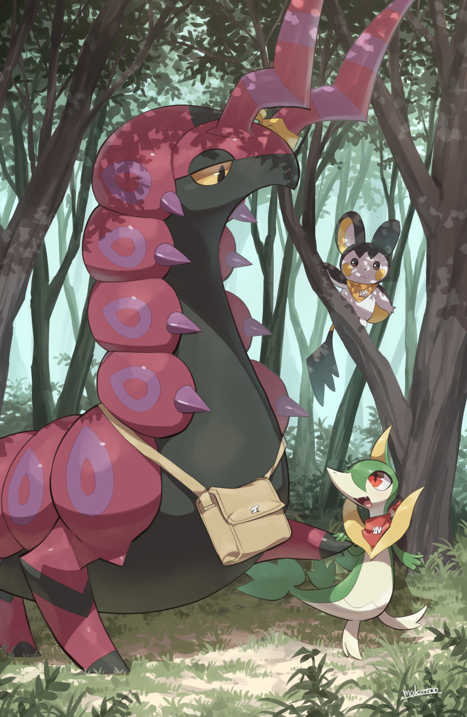 animal_focus artist_name bag bandana black_eyes bright_pupils brown_bag commentary_request dappled_sunlight day emolga fangs forest frown full_body grass highres looking_at_another looking_at_viewer looking_down makoto_ikemu nature no_humans open_mouth outdoors plant pokemon pokemon_(creature) red_bandana red_eyes satchel scolipede servine shadow signature smile standing sunlight tree white_pupils yellow_bandana yellow_eyes