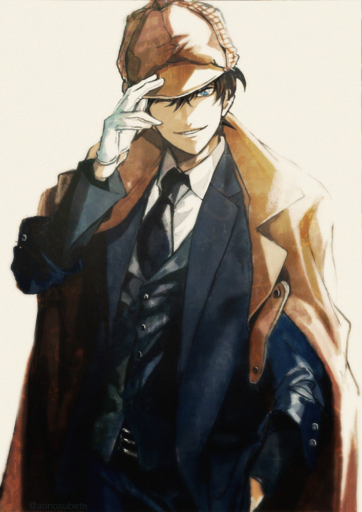 1boy adjusting_clothes adjusting_headwear aonosubete black_coat black_necktie black_vest blue_eyes coat coat_on_shoulders collared_shirt cosplay deerstalker gloves hair_between_eyes hand_in_pocket hand_on_headwear hat kudou_shin'ichi long_sleeves looking_at_viewer male_focus meitantei_conan necktie one_eye_closed open_clothes open_coat open_mouth sherlock_holmes sherlock_holmes_(cosplay) shirt short_hair smile the_adventures_of_sherlock_holmes trench_coat vest white_gloves white_shirt