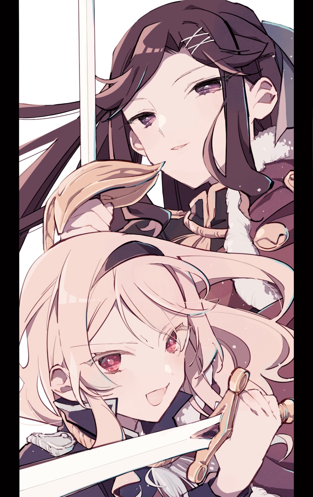 2girls :d bangs black_hairband black_jacket blonde_hair blue_bow bow brown_hair commentary_request epaulettes floating_hair fur-trimmed_jacket fur_trim hair_bow hair_ornament hairband half_updo hand_up high_collar highres holding holding_sword holding_weapon jacket jacket_on_shoulders light_particles long_hair long_sleeves looking_at_viewer multiple_girls open_mouth parted_bangs parted_lips pillarboxed purple_eyes rapier red_eyes red_jacket saijou_claudine shoujo_kageki_revue_starlight sidelocks simple_background smile sword tassel tendou_maya upper_body v-shaped_eyebrows wato_(ko) weapon white_background x_hair_ornament