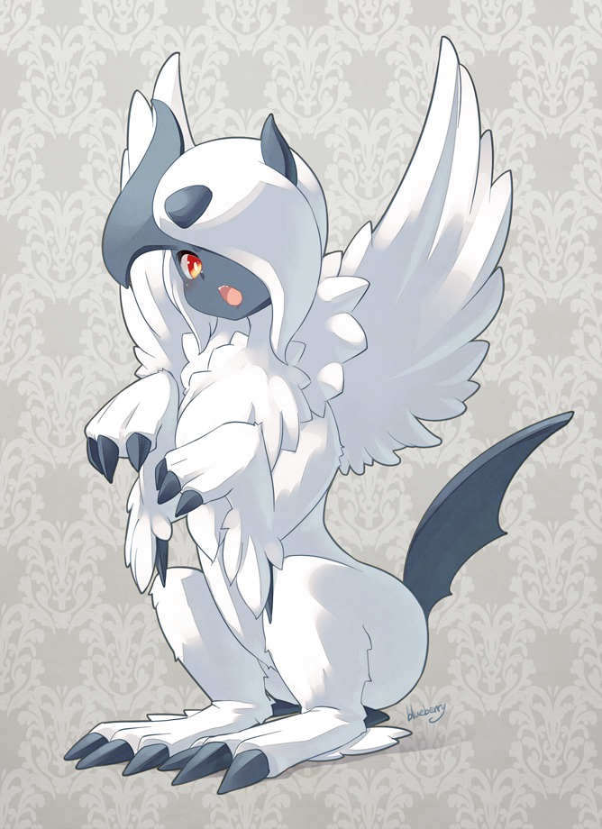 absol animal_focus artist_name bangs blueberry_(5959) blush bright_pupils claws commentary_request fangs feathered_wings full_body fur_collar grey_background hair_over_one_eye hands_up light_blush looking_at_viewer mega_absol mega_pokemon no_humans one_eye_covered open_mouth pokemon pokemon_(creature) red_eyes short_hair signature sitting solo teeth white_pupils white_wings wings
