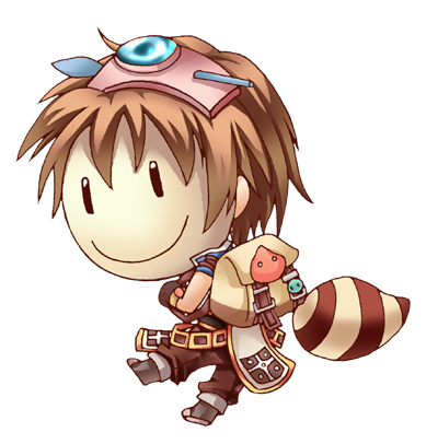 1boy backpack bag bangs brown_bag brown_gloves brown_hair brown_pants chibi commentary_request full_body gloves lowres male_focus mask masked momozakura_nanao novice_(ragnarok_online) pants poring raccoon_tail ragnarok_online shoes short_hair simple_background solo tail transparent_background