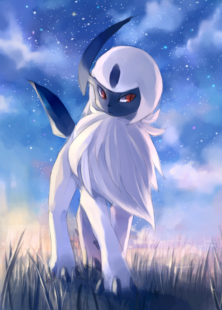 :&lt; absol animal_focus blue_sky claws closed_mouth cloud commentary full_body fur_collar grass looking_to_the_side night no_humans outdoors pippi_(pixiv_1922055) pokemon pokemon_(creature) red_eyes short_hair sidelocks sketch sky solo standing star_(sky) starry_sky white_hair