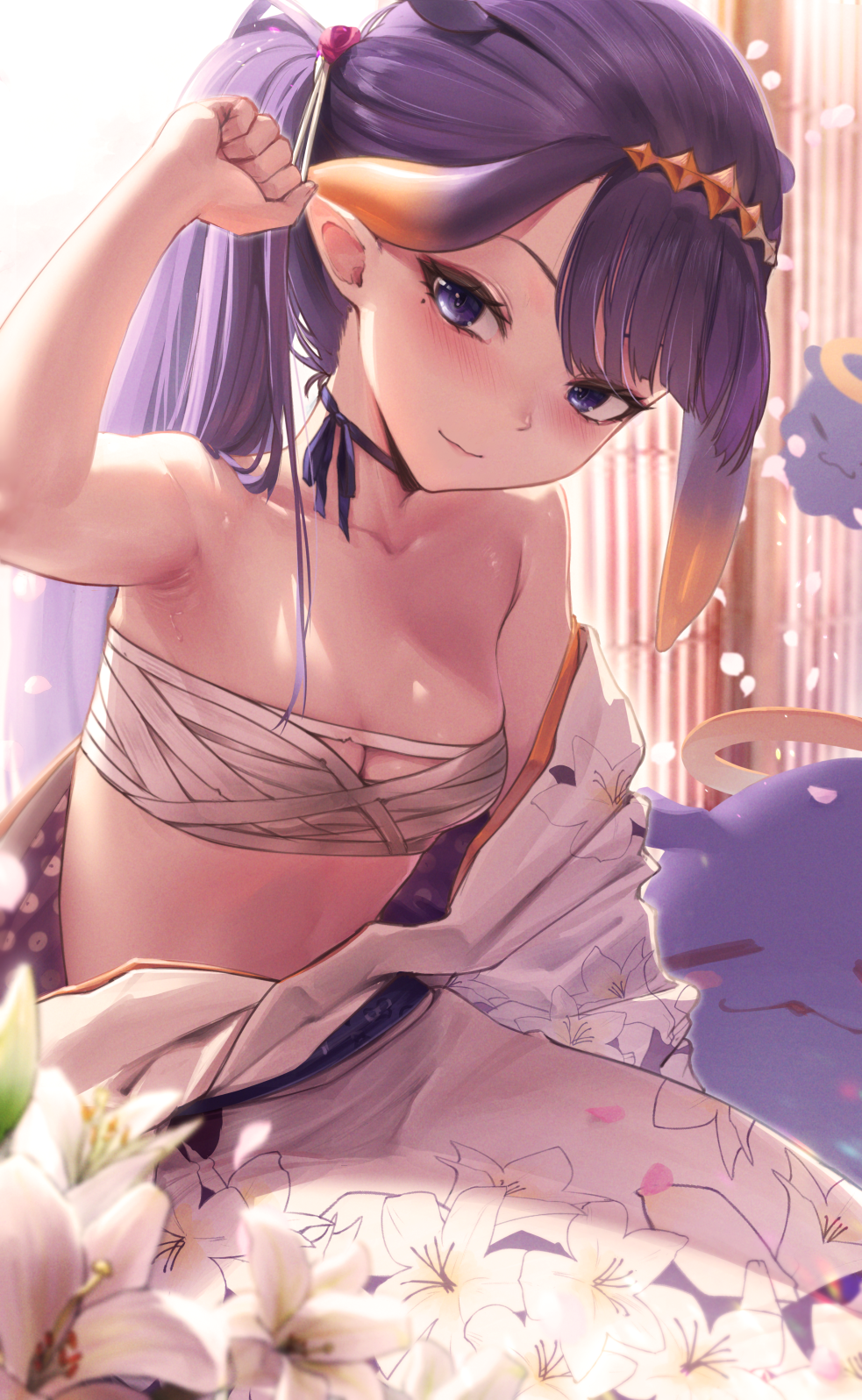 1girl animal_ears armpits bangs bare_shoulders blush breasts choker cleavage eyeliner floral_print flower hair_ornament highres hololive hololive_english japanese_clothes kimono long_hair makeup mole mole_under_eye ninomae_ina'nis off_shoulder padoruu ponytail purple_eyes purple_hair sarashi sitting small_breasts smile solo sweat takodachi_(ninomae_ina'nis) tentacle_hair variant_set virtual_youtuber