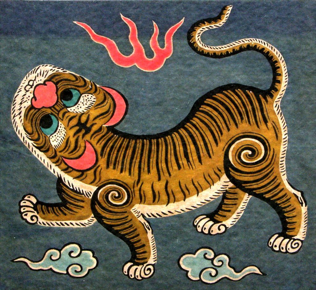 19th_century ambiguous_gender ancient_art black_body black_fur black_stripes blue_background blue_eyes buckteeth cloud felid feral fire flag_(object) fur mammal multicolored_body multicolored_fur pantherine quadruped simple_background solo spiral stripes taiwanese teeth tiger traditional_media_(artwork) unknown_artist white_body white_fur yellow_body yellow_fur