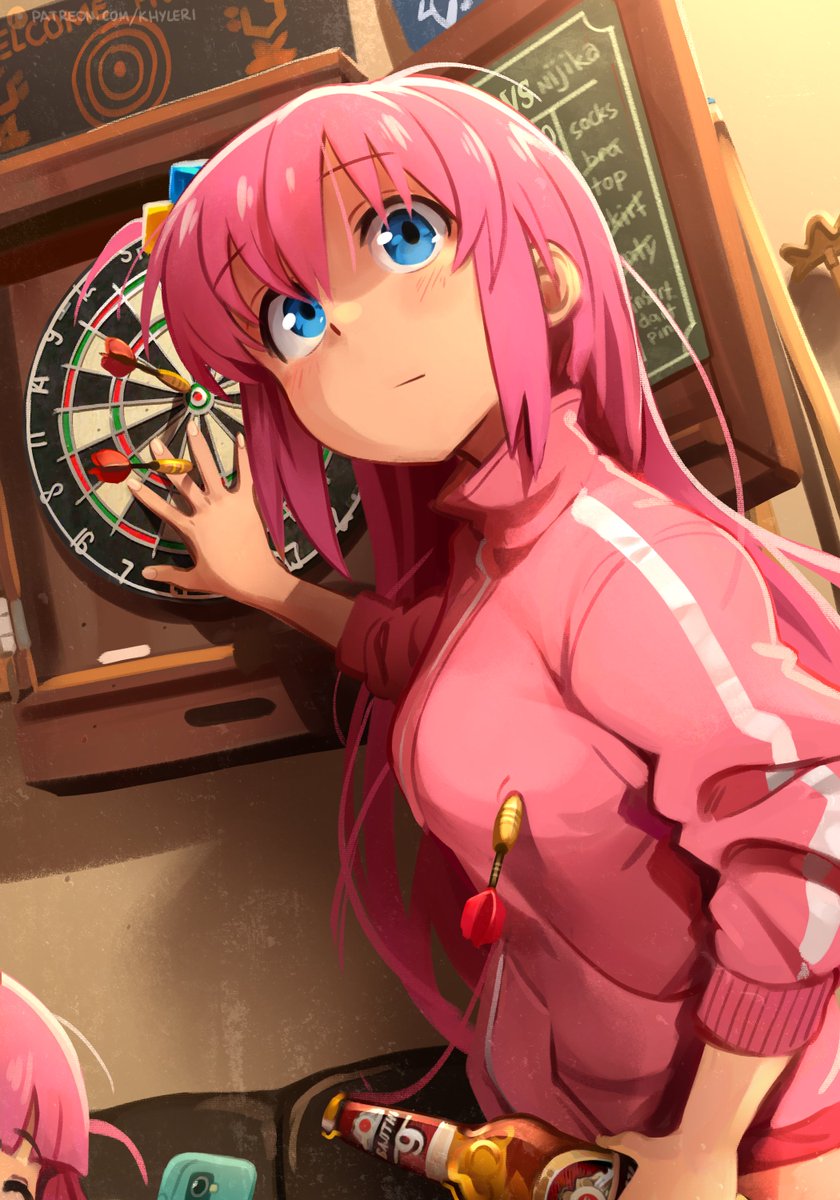 2girls bangs beer_bottle blue_eyes blush bocchi_the_rock! bottle breasts chalk chalkboard closed_eyes closed_mouth cube_hair_ornament dart dart_in_breast dartboard gotou_hitori hair_between_eyes hair_ornament highres holding holding_bottle holding_phone indoors jacket khyle. large_breasts long_hair multiple_girls one_side_up phone pink_hair pink_jacket solo_focus track_jacket