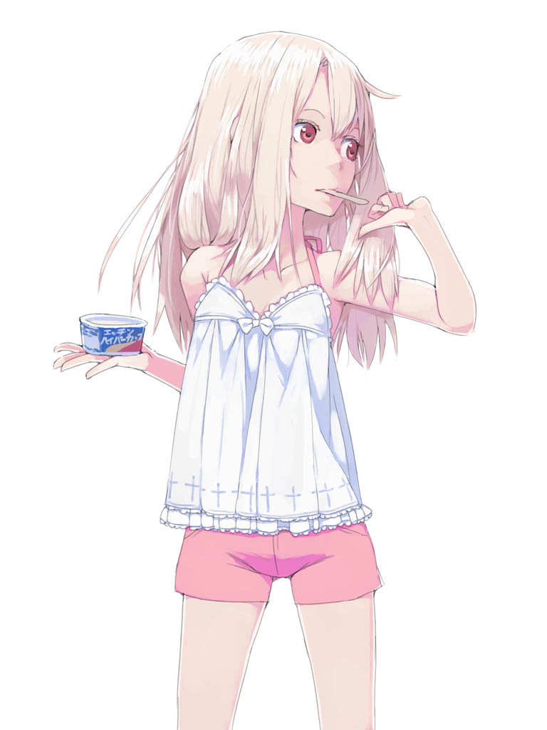 1girl akinbo_(hyouka_fuyou) bare_arms collarbone cowboy_shot fate/stay_night fate_(series) flat_chest illyasviel_von_einzbern long_hair mouth_hold pink_shorts red_eyes shirt short_shorts shorts simple_background sleeveless sleeveless_shirt solo standing straight_hair white_background white_hair white_shirt