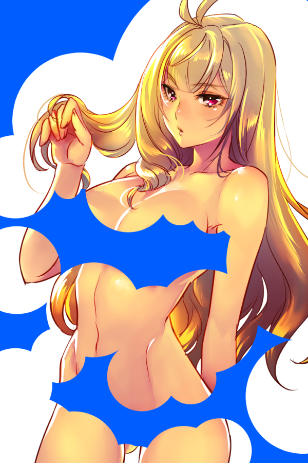 1girl alternate_hair_length alternate_hairstyle angelise_ikaruga_misurugi antenna_hair bangs blonde_hair blue_background breasts censored cleavage collarbone completely_nude cross_ange kin_mokusei large_breasts long_hair looking_at_viewer nude red_eyes serious sidelocks solo two-tone_background upper_body white_background