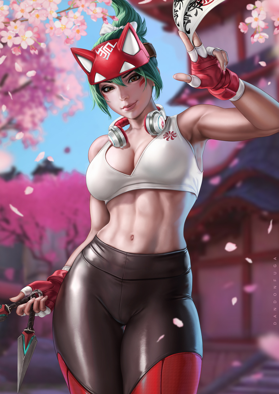 1girl black_pants blurry blurry_background breasts brown_eyes cherry_blossoms cowboy_shot crop_top dandon_fuga facial_mark fingerless_gloves fox_mask gloves green_hair headphones headphones_around_neck highres holding holding_knife kiriko_(overwatch) knife kunai mask medium_breasts midriff navel overwatch pants solo tank_top toned two-tone_gloves weapon white_tank_top