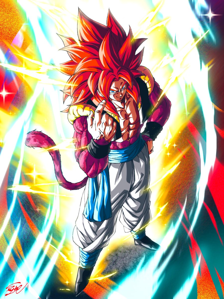 abs aura biceps blue_eyes blue_sash body_fur brown_fur dragon_ball dragon_ball_gt fusion fusion_dance gogeta highres metamoran_vest monkey_boy monkey_tail muscular muscular_male pectorals sash smirk stynl_f super_saiyan super_saiyan_4 tail veins veiny_hands