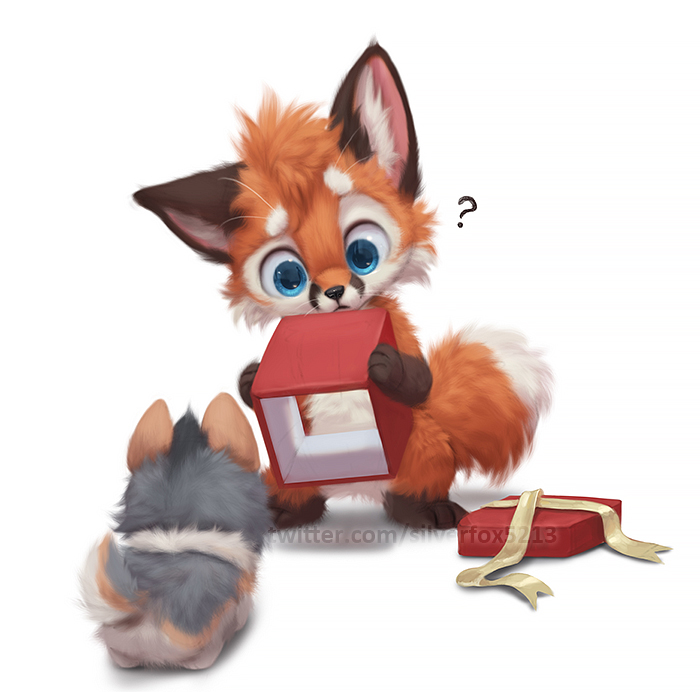 2022 ambiguous_gender box canid canine canis container daww digital_media_(artwork) duo feral fluffy fox fur gift mammal multicolored_body multicolored_fur quadruped question_mark silverfox5213 text url watermark wolf