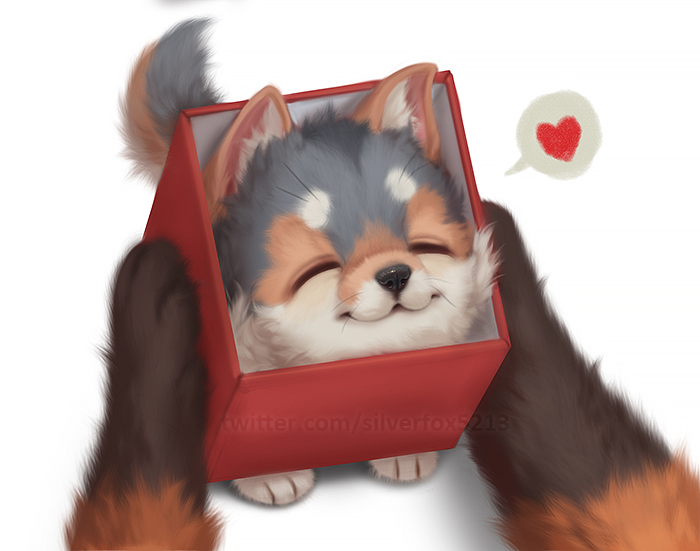 &lt;3 2022 ambiguous_gender box canid canine canis container daww digital_media_(artwork) duo feral fluffy fox fur gift mammal multicolored_body multicolored_fur quadruped silverfox5213 solo_focus text url watermark wolf