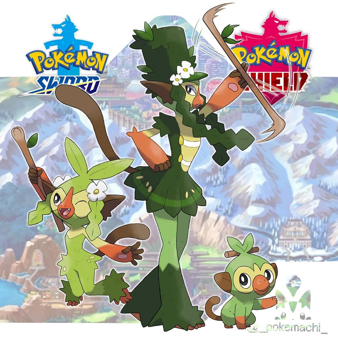 ambiguous_gender anthro clothing compression_artifacts dress english_text evolution evolutionary_family fak&eacute;mon fangs female feral flora_fauna flower green_skin grookey hat holding_object leaf long_tail mammal marching_band muzzle_(marking) nintendo one_eye_closed open_mouth orange_skin pawpads plant pok&eacute;mon pok&eacute;mon_(species) pokemachi primate raised_arm smile standing stick text tongue uniform video_games