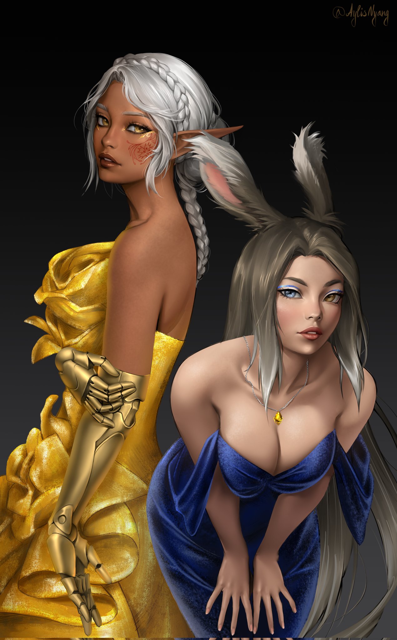 2girls animal_ears avatar_(ff14) aylisnyan bare_shoulders bent_over blonde_hair blue_dress blue_eyes braid breasts cleavage dark-skinned_female dark_skin dress elezen elf eyeshadow facial_mark final_fantasy final_fantasy_xiv gradient_background grey_hair heterochromia highres jewelry large_breasts lips long_hair looking_at_viewer makeup multiple_girls necklace off_shoulder parted_lips pointy_ears prosthesis prosthetic_arm rabbit_ears single_braid viera yellow_dress yellow_eyes