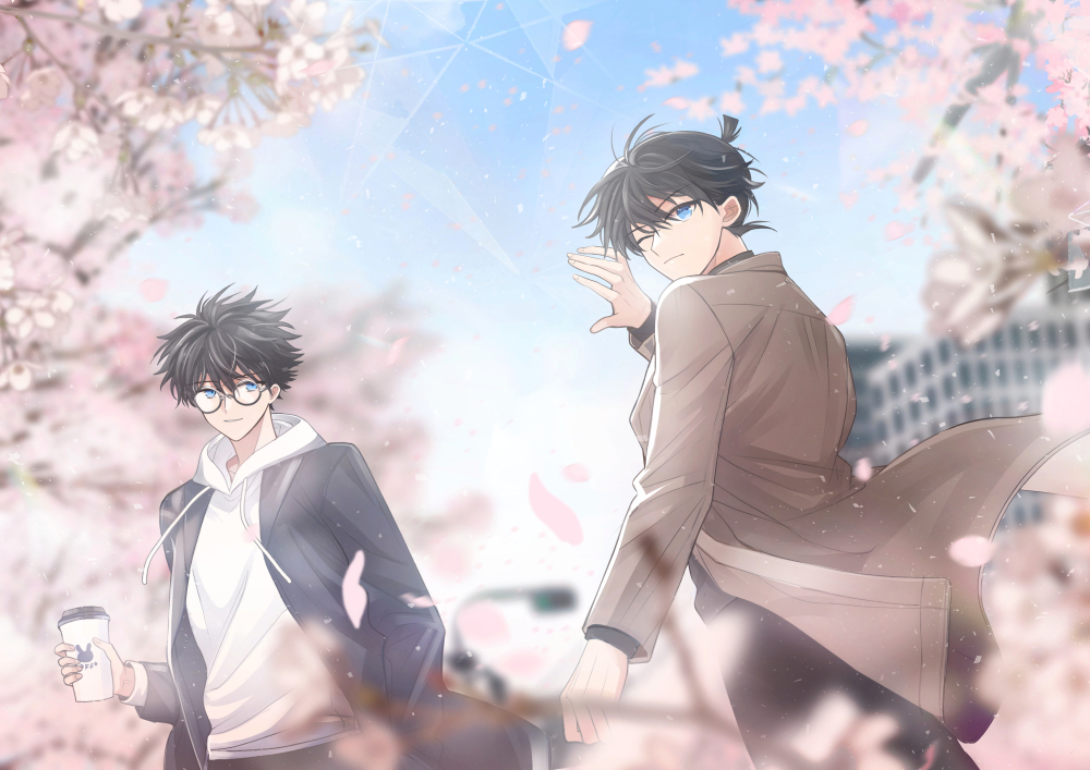 2boys bangs black-framed_eyewear black_hair blurry blurry_background blurry_foreground brown_jacket building cang_cheng closed_mouth glasses hand_up hood hood_down hoodie jacket kaitou_kid kudou_shin'ichi long_sleeves male_focus meitantei_conan multiple_boys one_eye_closed open_clothes open_jacket outdoors round_eyewear short_hair tree white_hoodie