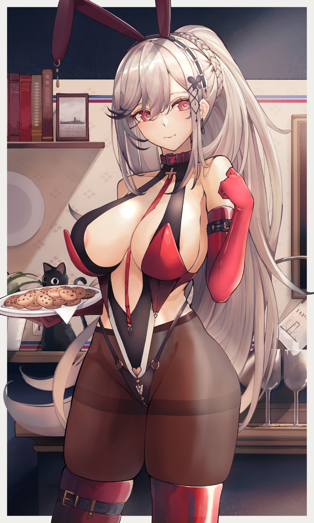 1girl alternate_costume animal_ears areola_slip arm_belt azur_lane bangs bare_shoulders belt black_cat black_pantyhose book border braid breasts cat center_opening christmas collar commentary_request commission cookie cowboy_shot crown_braid dunkerque_(azur_lane) elbow_gloves fake_animal_ears food glass gloves grey_hair highres holding holding_plate indoors large_breasts leotard long_hair looking_at_viewer mixed-language_commentary o-ring o-ring_leotard outside_border paid_reward_available pantyhose photo_(object) plate playboy_bunny purple_eyes rabbit_ears red_gloves red_thighhighs skindentation solo standing thigh_belt thigh_strap thighband_pantyhose thighhighs thighhighs_over_pantyhose thighs very_long_hair white_border yusha_m