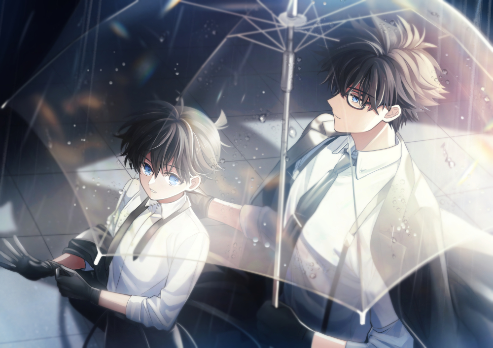 2boys adjusting_clothes adjusting_gloves bangs black_gloves black_hair black_necktie black_pants blue_eyes cang_cheng character_request collared_shirt edogawa_conan from_side glasses gloves grin jacket jacket_on_shoulders kaitou_kid long_sleeves male_focus meitantei_conan multiple_boys necktie open_clothes open_jacket pants profile shirt short_hair smile teeth transparent transparent_umbrella umbrella white_shirt