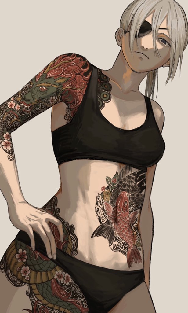 1girl 4gu07se arm_tattoo black_bra black_panties bra chainsaw_man dragon eastern_dragon eyepatch hand_on_hip koi leg_tattoo long_hair looking_at_viewer panties ponytail quanxi_(chainsaw_man) simple_background solo stomach_tattoo tattoo underwear white_background white_hair