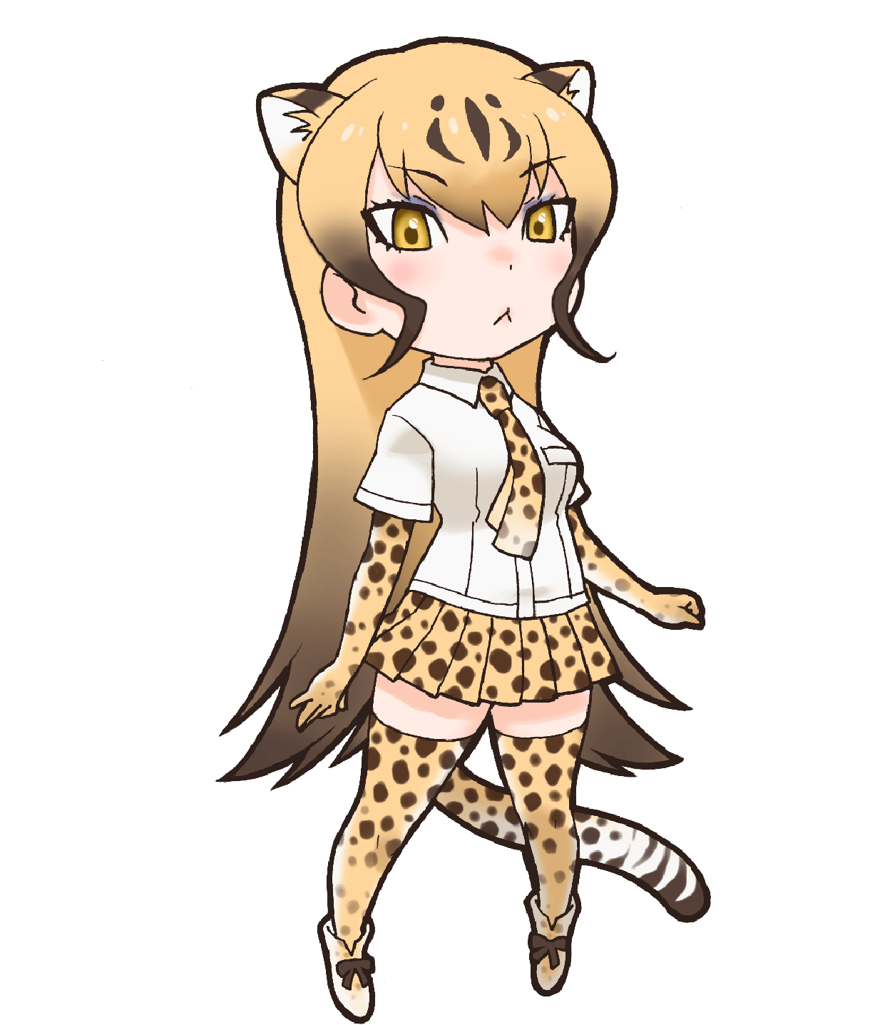 1girl animal_ears blonde_hair cheetah_(kemono_friends) cheetah_ears cheetah_girl cheetah_tail closed_mouth elbow_gloves extra_ears eyeshadow gloves highres kemono_friends kneehighs long_hair looking_at_viewer makeup necktie official_art shirt shoes skirt socks solo straight_hair tail transparent_background yellow_eyes yoshizaki_mine