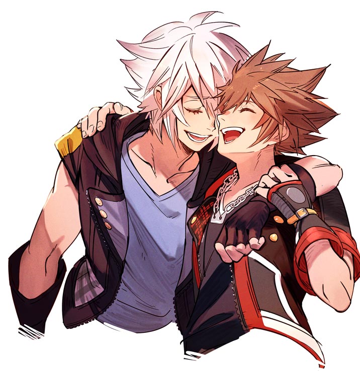 2boys arm_around_shoulder black_vest blue_shirt brown_hair closed_eyes grey_hair hair_between_eyes kingdom_hearts kingdom_hearts_iii matsuya_(pile) multiple_boys open_mouth riku_(kingdom_hearts) shirt short_hair short_sleeves smile sora_(kingdom_hearts) spiked_hair upper_body vest white_background yaoi