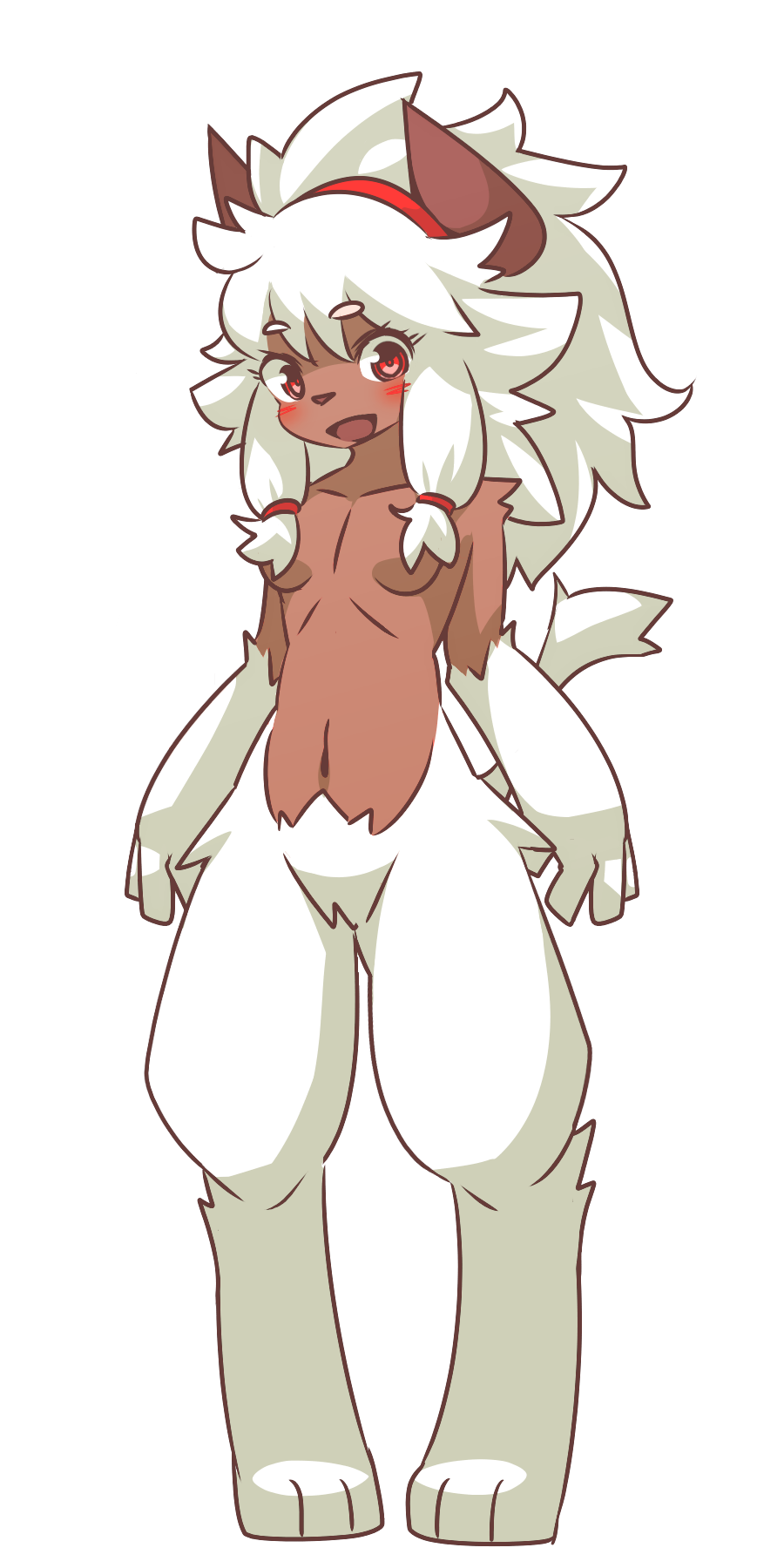 1:2 anthro breasts brown_body delsazad(kiukiu) female fur hi_res horn horned_humanoid humanoid kiukiu naturally_censored nude red_eyes simple_background solo unknown_species white_body white_fur